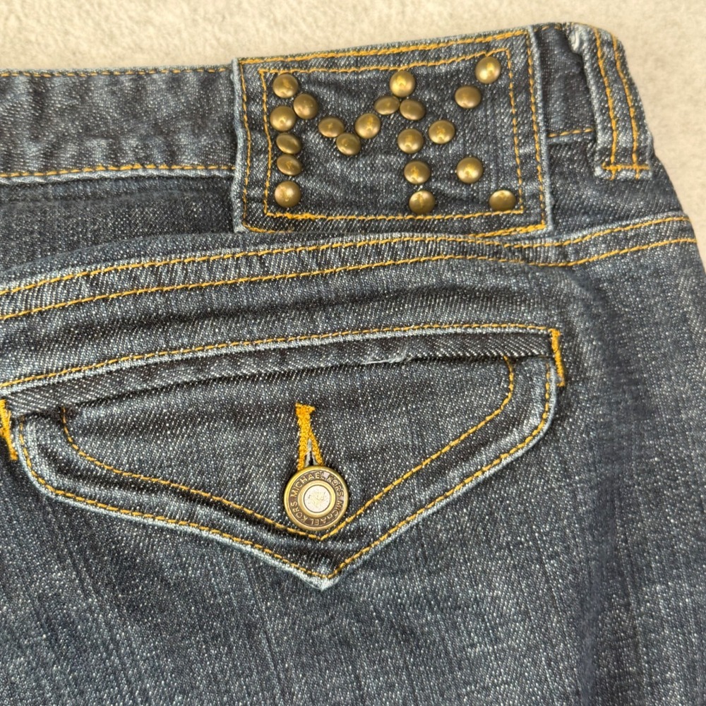 Michael Kors Flare Jeans Blue Studded Flap Pocket Y2K Western Moto Size 10